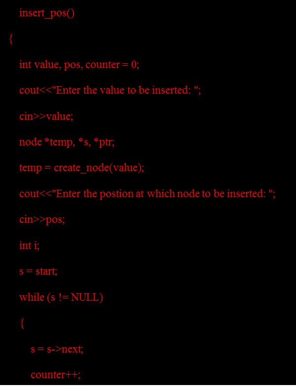 Data Structure - Code for insertion of node at a given a position