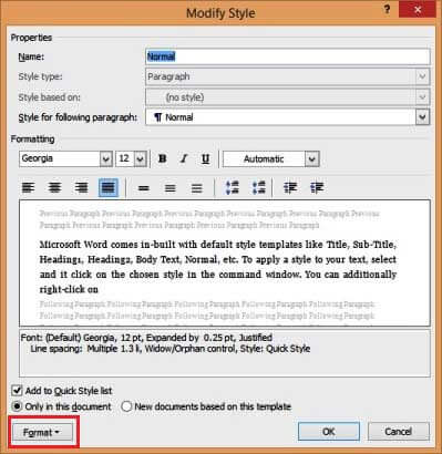 Working With Text In Microsoft Word - Modify Style Screen