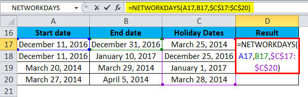 NETWORKDAYS Example 1-3