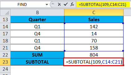 SUBTOTAL function to Sum up the data