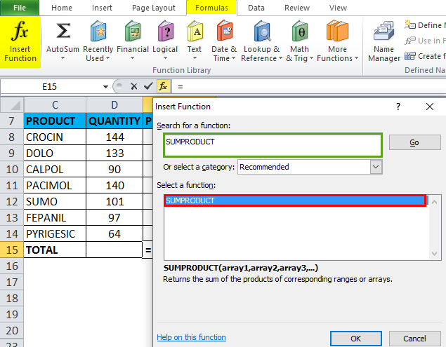 SUMPRODUCT insert function