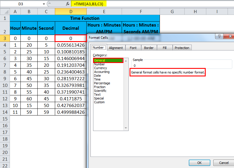time function in excel -Decimal Format