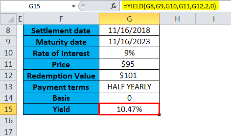 Excel YIELD Function Example 2-4