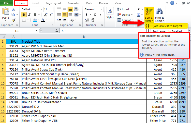 Column Sort Example 4-1