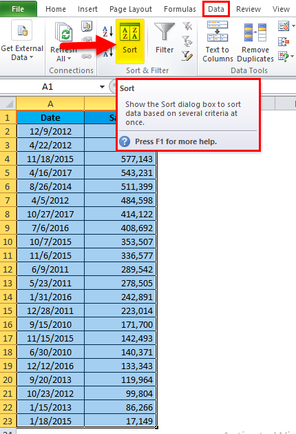 Sort Excel by Date Example 1-3