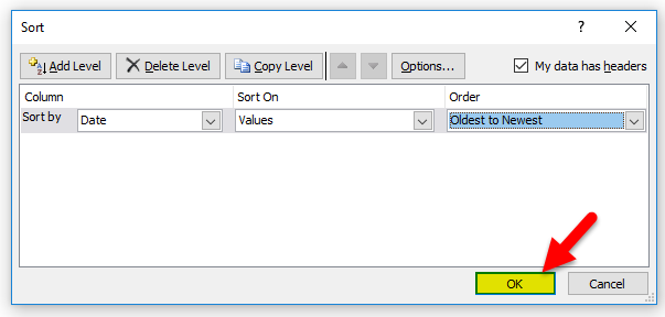 Sort Excel by Date Example 1-8
