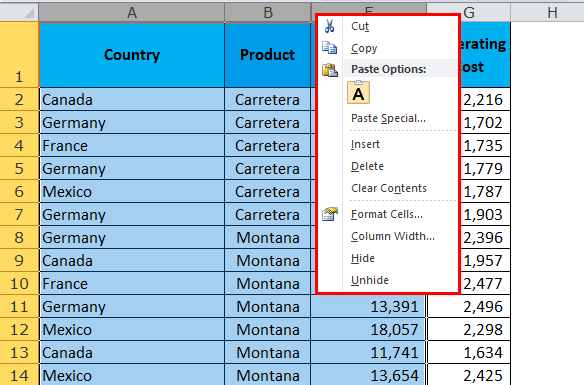 (unhide columns in excel) column headers