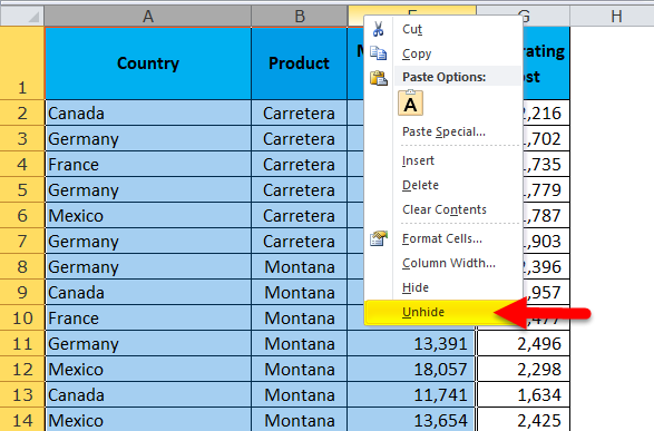 (unhide columns in excel) click Unhide option
