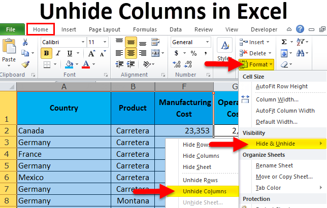 Unhide Columns in Excel