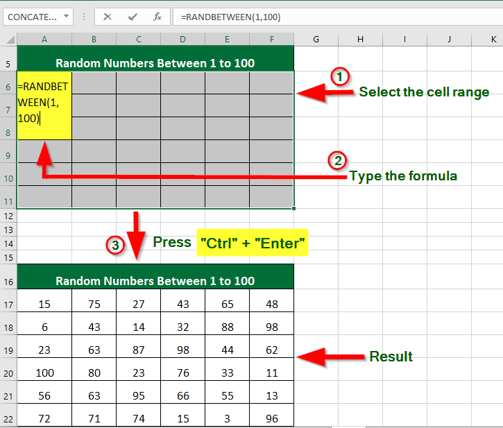 generate random numbers from 1 to 100 in Excel