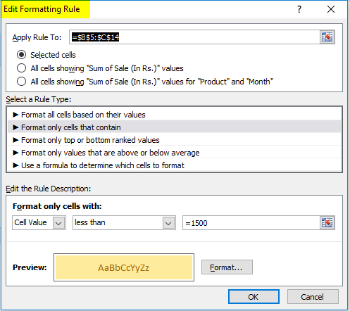 Editing Rule formatting window
