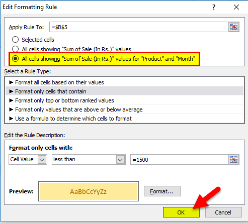 Conditional Formatting in Pivot Table Example 1-13