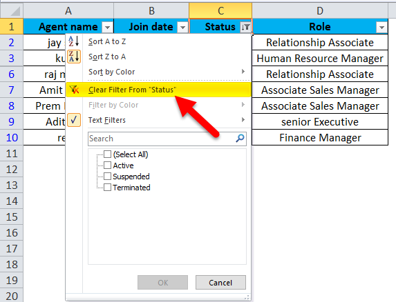 Clear Filter from "Status"