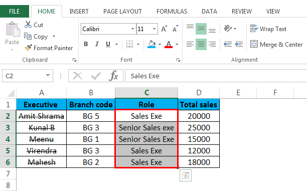 Strikethrough in Excel (Role column)