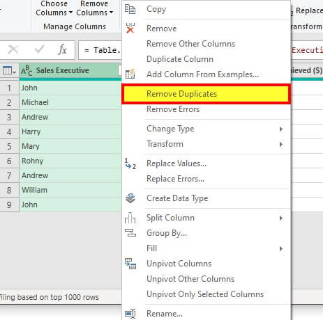 Using the Power Query Tool in Excel to Remove Duplicates Step 5