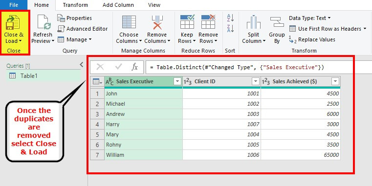 Using the Power Query Tool in Excel to Remove Duplicates Step 6