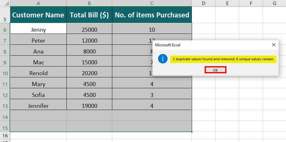 Using the Remove Duplicates feature in Excel step 6