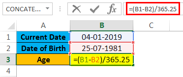 calculate age in excel example 1.2