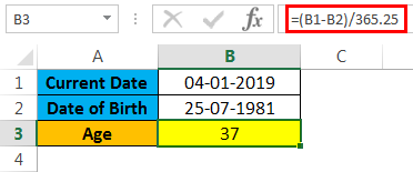 calculate age in excel example 1.3