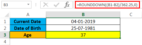 calculate age in excel example 1.5
