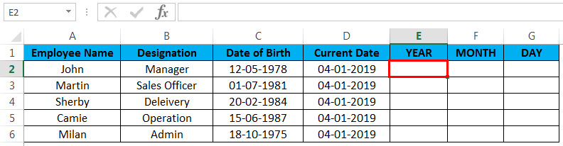 calculate age in excel example 2.2