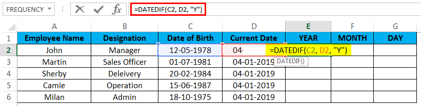 calculate age in excel example 2.3