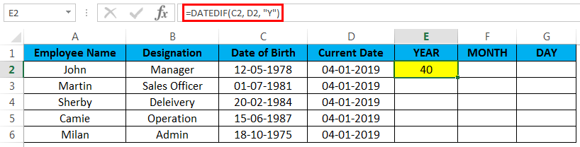 calculate age in excel example 2.4