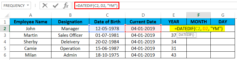 calculate age in excel example 3.2
