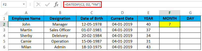 calculate age in excel example 3.3