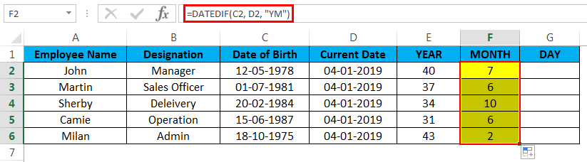 calculate age in excel example 3.4