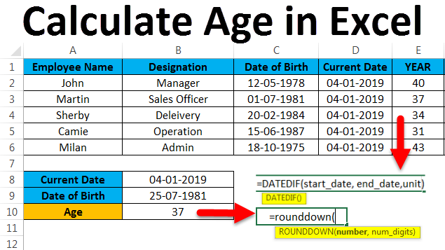 calculate age in excel 