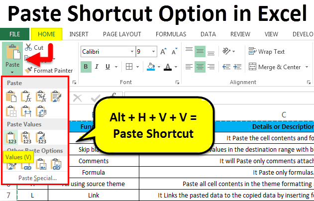 paste shortcut in excel 