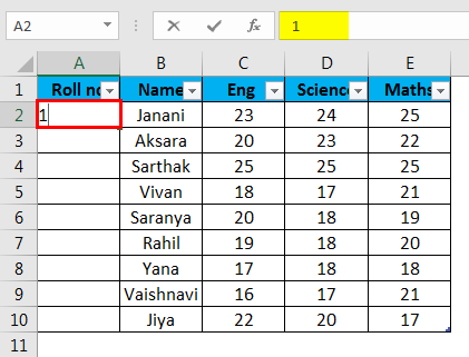 Auto numbering in Excel example 7-1