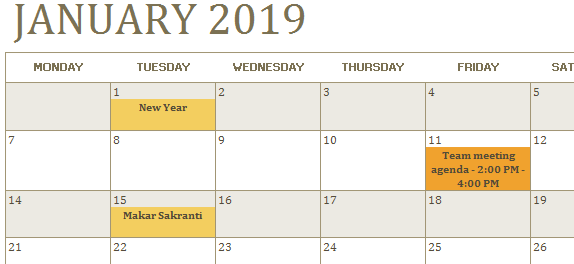 Calendar in Excel example 1-12