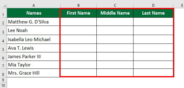 Split Cell in Excel-Example 6 Solution Step 1