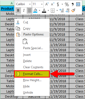 Format Cells option