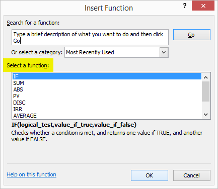 Insert Function Dialog Box