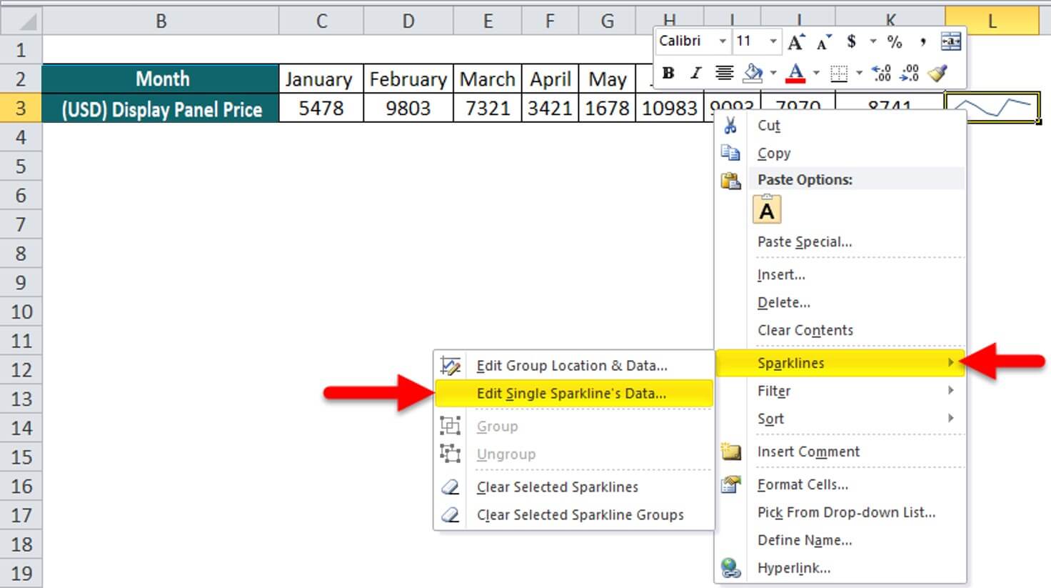 How to Update Sparklines in Excel Step 2