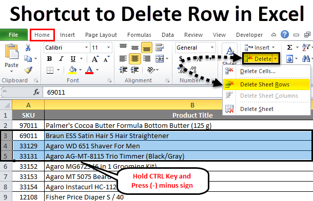 Shortcut to Delete Row in Excel