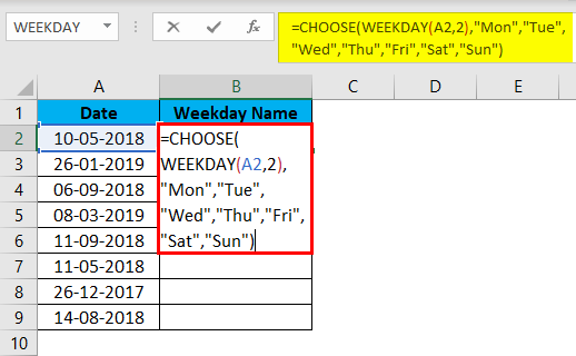 WEEKDAY Function Example 2-11