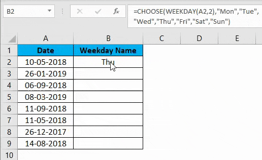 WEEKDAY Function Example 2-13