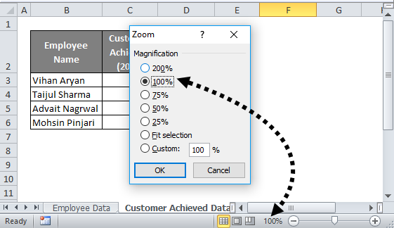 Excel status bar (Zoom Percentage)