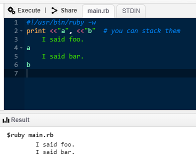 Ruby Commands -print multiple line string by stacking