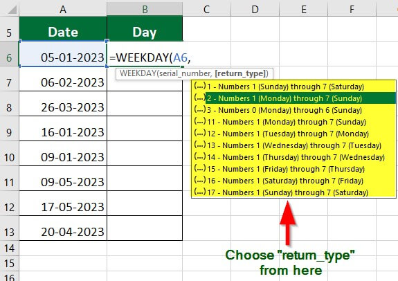 Excel Formula for Weekday-Example 1 Step 1