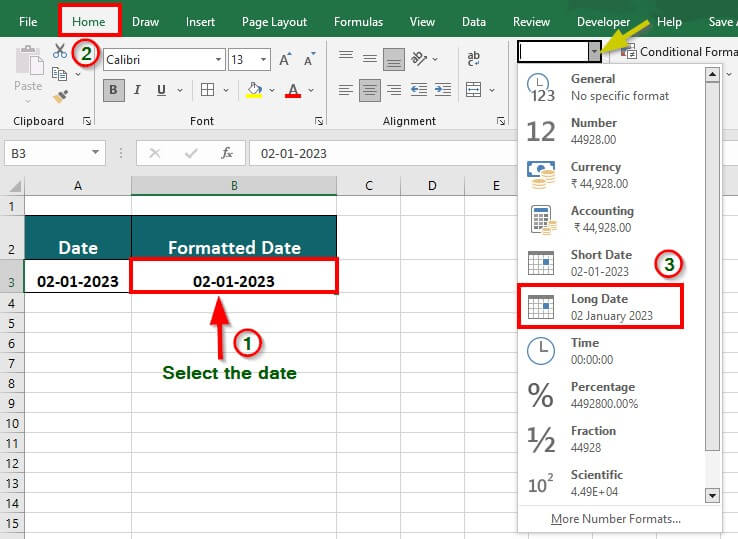 Excel Date Format-Example 1 Step 2