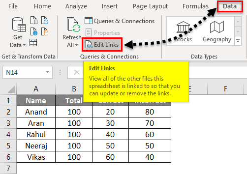 Find External Links in Excel Example 2-1