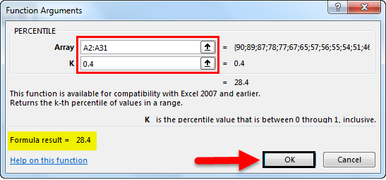 percentile formula in excel example 1-5