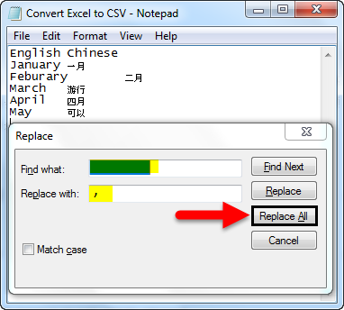 Convert Excel to CSV - Replace All