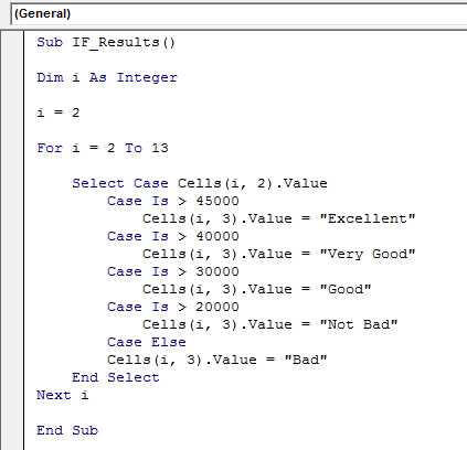 VBA Select Case - Code 2