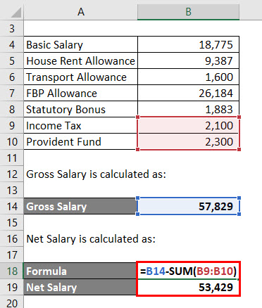 Calculation of Net Salary for Example 1